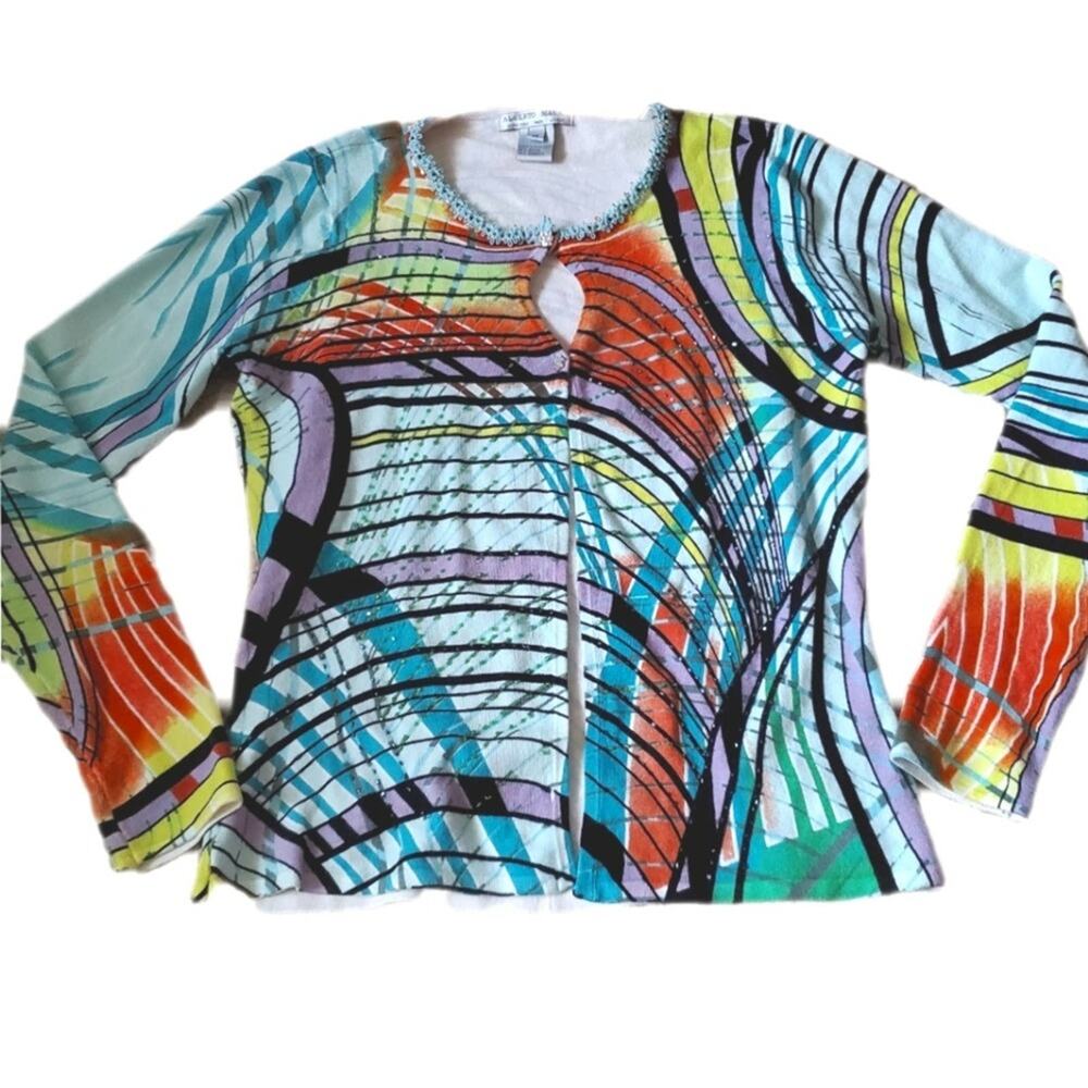 Alberto Makali abstract stripe beaded cardigan lace trim M Medium